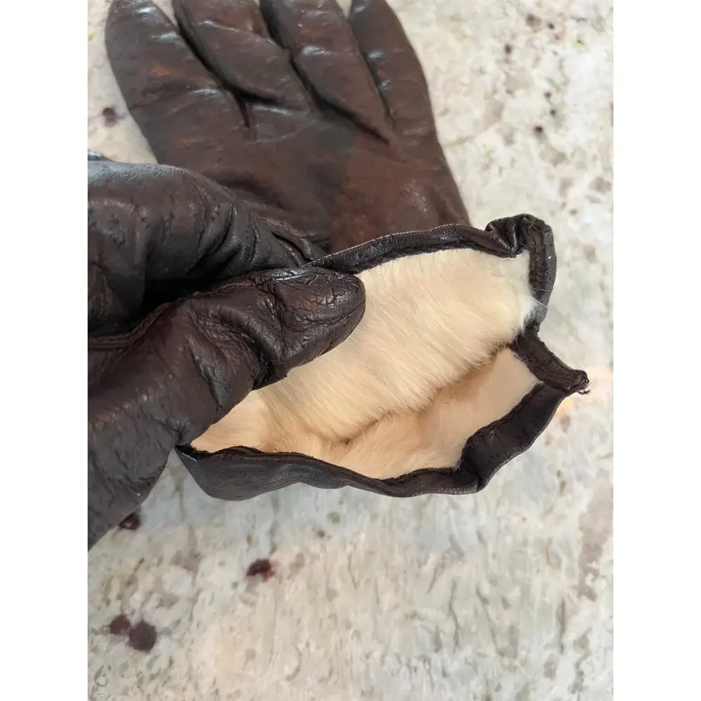 Vintage Fownes Brown Leather Fur Linned Driving Gloves‎ 7.5